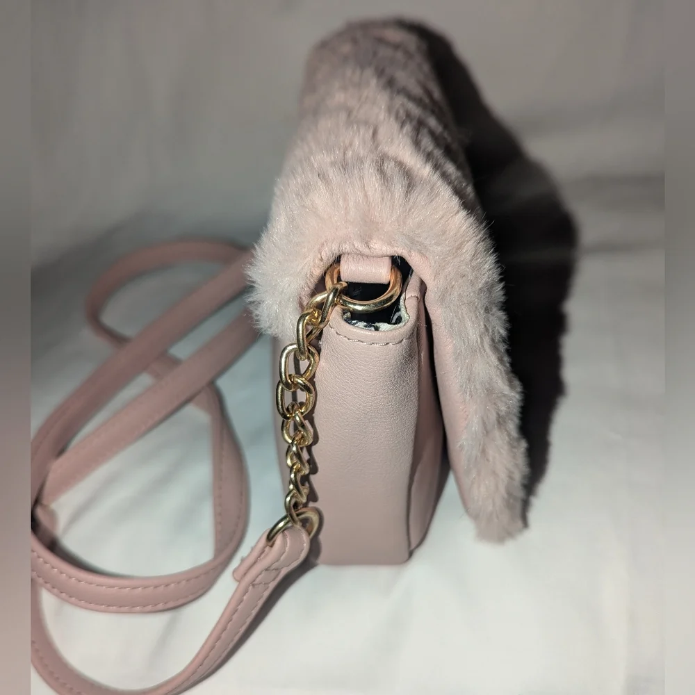 Juicy Couture Pink Faux Fur Crossbody Bag with Crown Emblem And Pom Pom Keychain